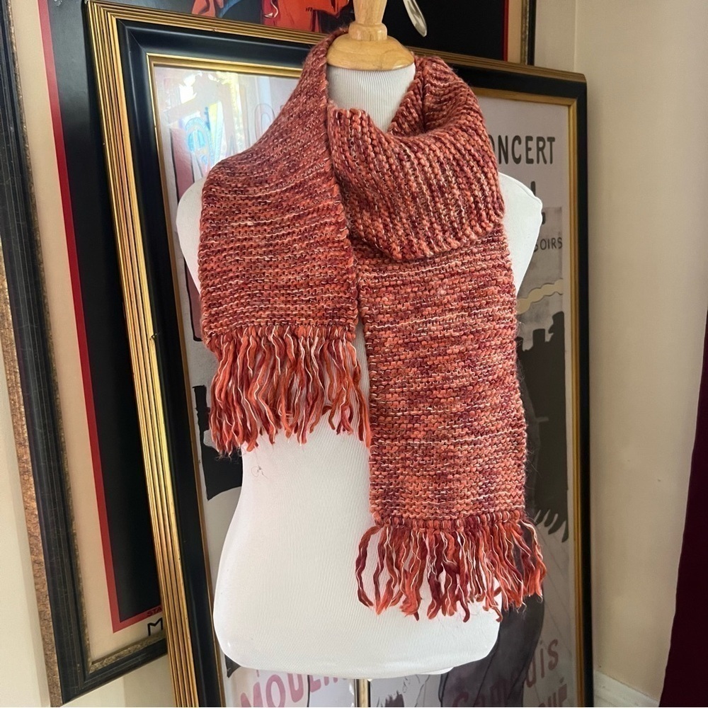 Talbots Maroon Burnt Orange, Cream, Metallic Gold Thread Wool Blend Tassel Scarf